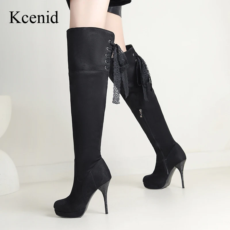 

Kcenid Sexy Flock Long Boots Women New Fashion Round Toe Stiletto Over The Knee Boots High Heels Platform Party Dating Shoes