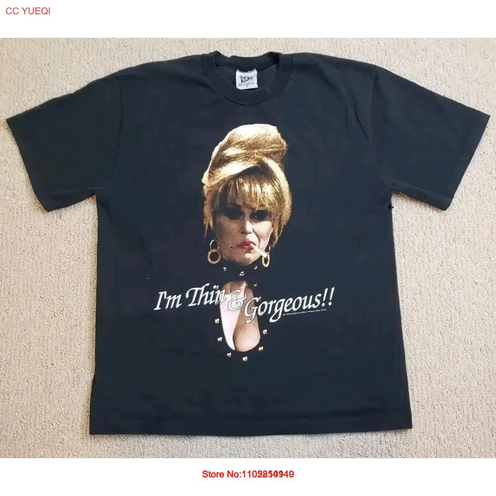 Vtg ABFAB Patsy Stone I Am Thin and Gorgeous Absolutely Fabulous 1995 T Shirt M vintage Washed Soft graphic homme Breathable