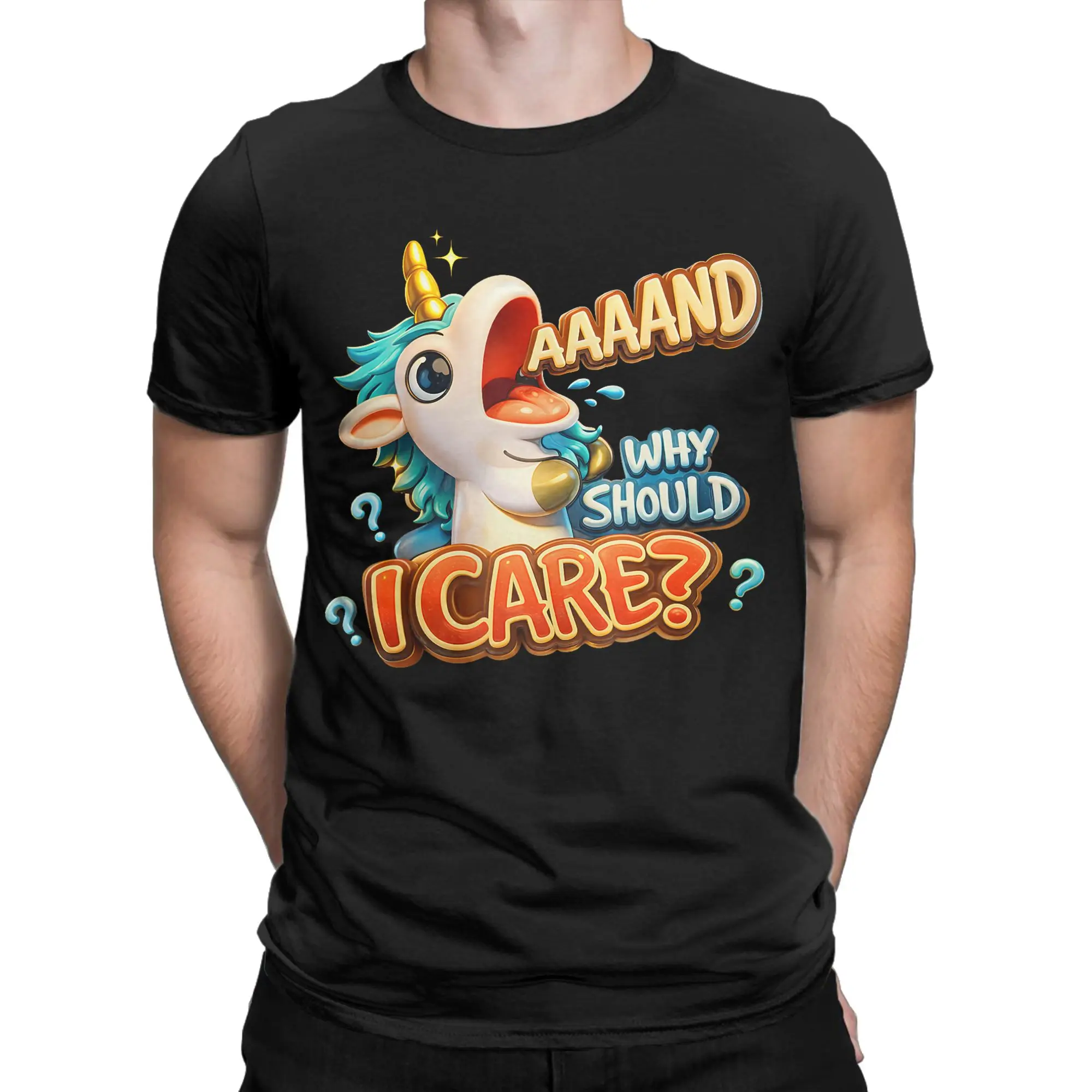 Men's T-Shirts Yawning Snarky Annnd Why Should I Care Unicorn 100% Cotton Tees Short Sleeve  T Shirts O Neck Clothing Plus Size