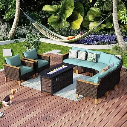 

Extra Large Patio Furniture Set with Fire Pit Table, All-Weather PE Rattan Sectional Sofa Conversation