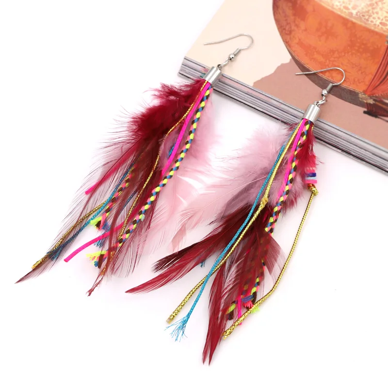 Colorful Feather Earrings for Women Bohemian Handmade Jewelry Wholesale Long Tassel Clay Beads Drop Earrings Female Girls Gifts