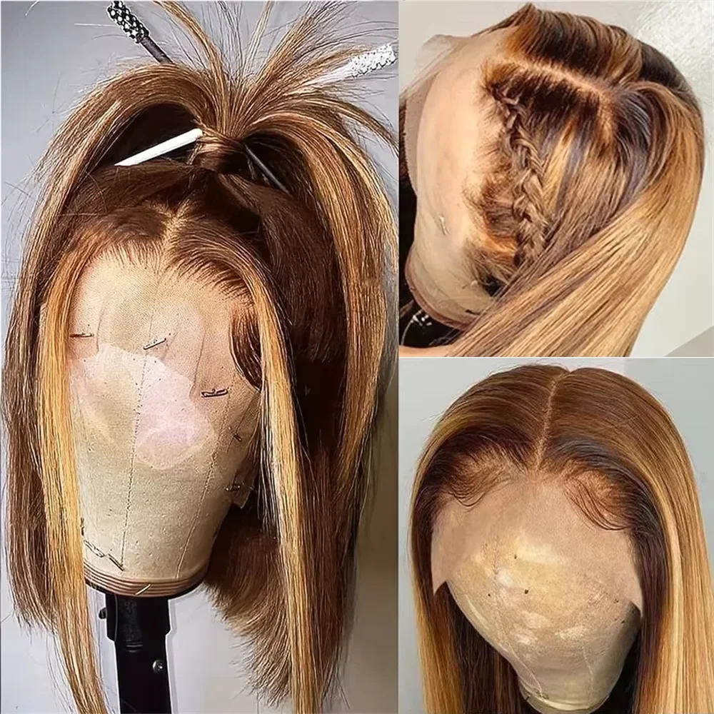 

Ombre Highlight Blonde Bob Wig Бесклеевой 13x4 Hd Парики спереди Прямой парик фронта шнурка Предварительно выщипанный с детскими волосами для женщин