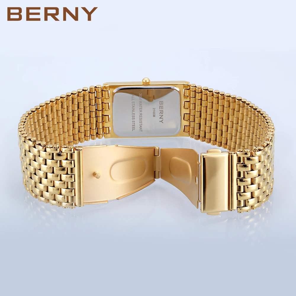 BERNY Quartz Men Watch Luxury Gold Brand Men\'s Wristwatch Square Waterproof Clock Stainless Steel Golden rectangular Men Watch