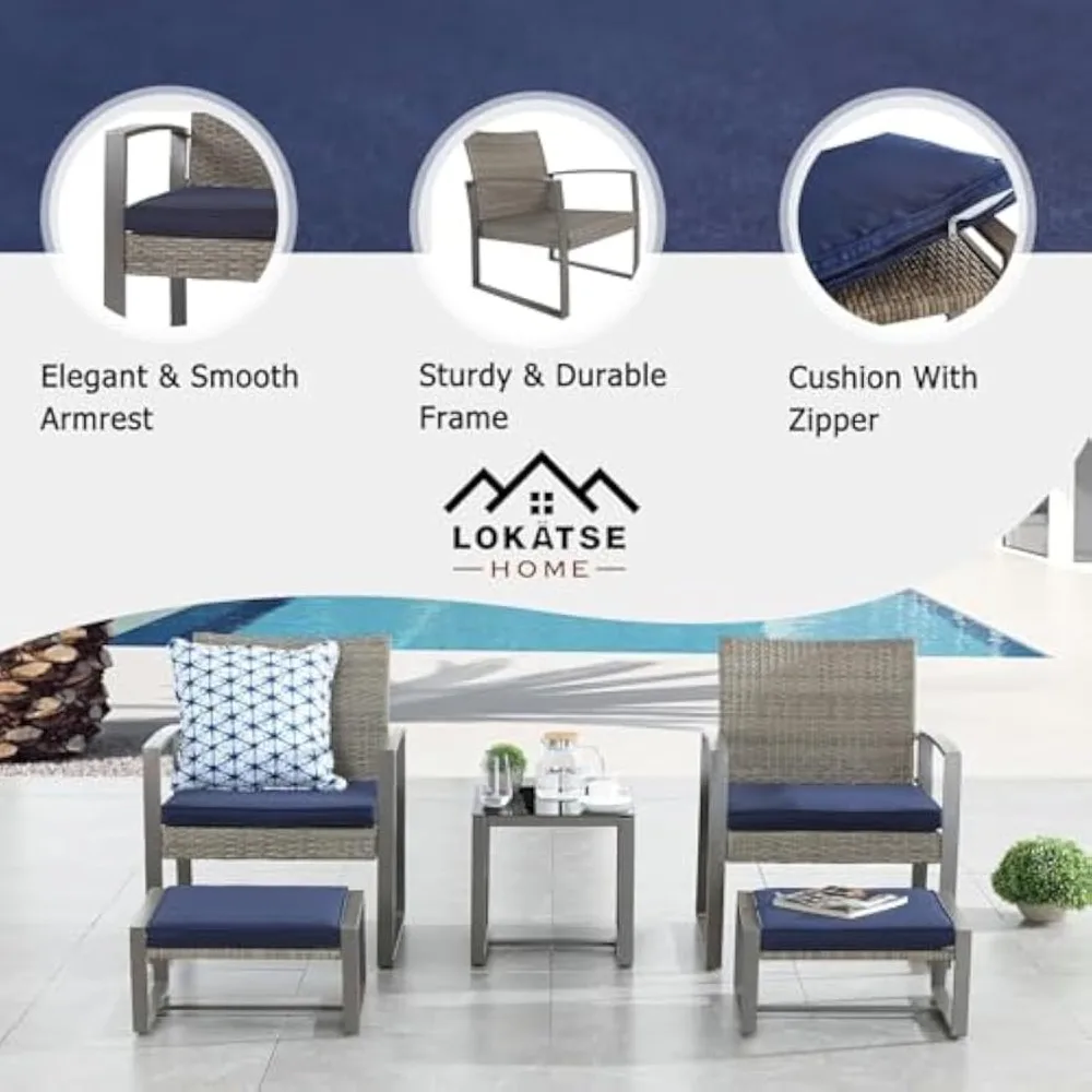 5 قطع من الخوص مجموعة المحادثة الخارجية أثاث الفناء PE الروطان جميع الأحوال الجوية كراسي مبطنة شرفة الشرفة مع O