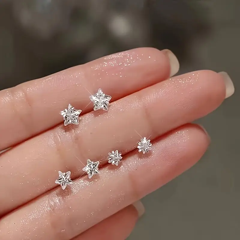 3 Pairs Stainless Steel Pentagram Cubic Zirconia Screw Back Stud Earrings Fashion Simple Style Star Ear Studs for Women 4/5/6mm