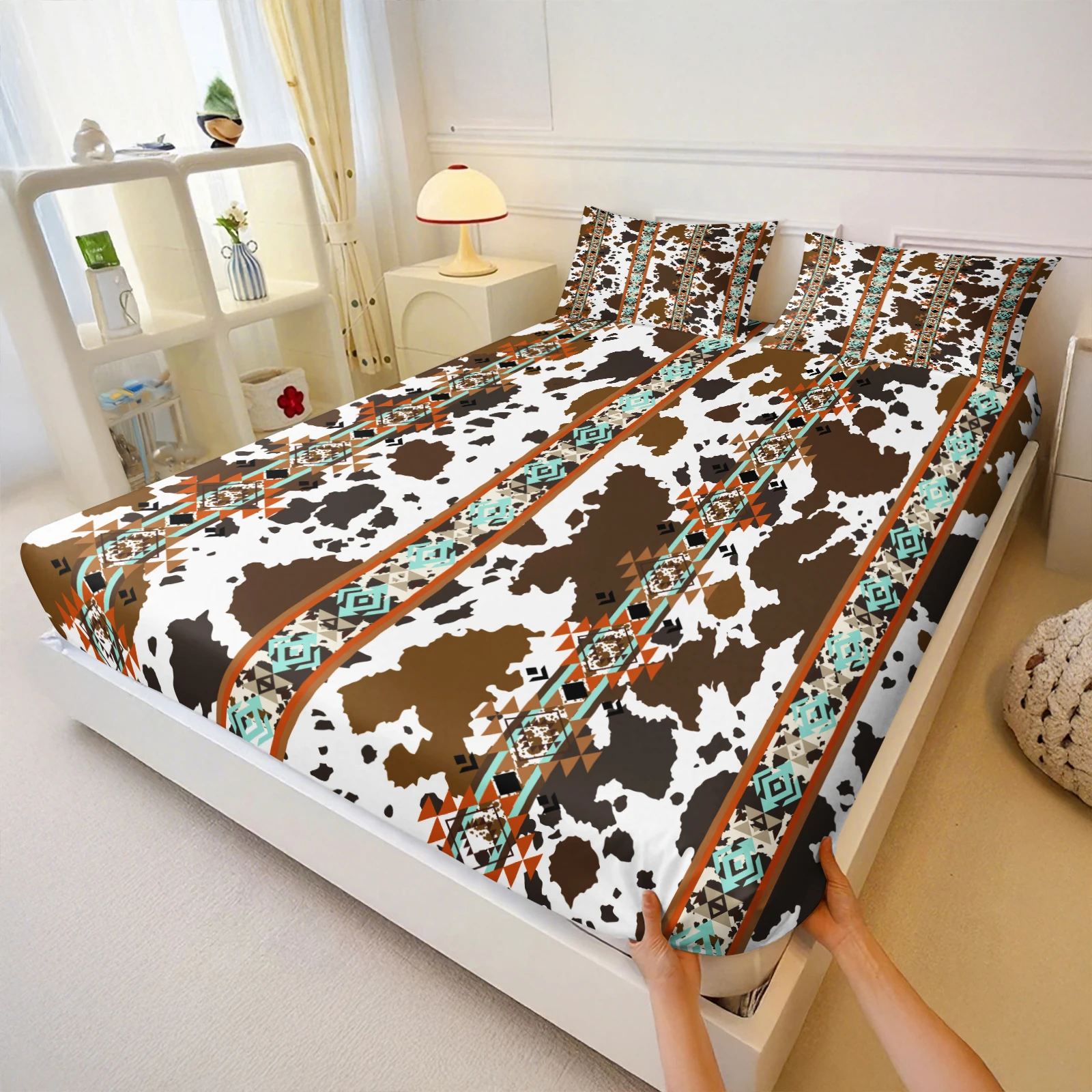 Western Cow Print Fitted Sheet Set Retro Tribal Aztec Border Stripes Over Spotted Cow Print Trendy Country Style Bedding