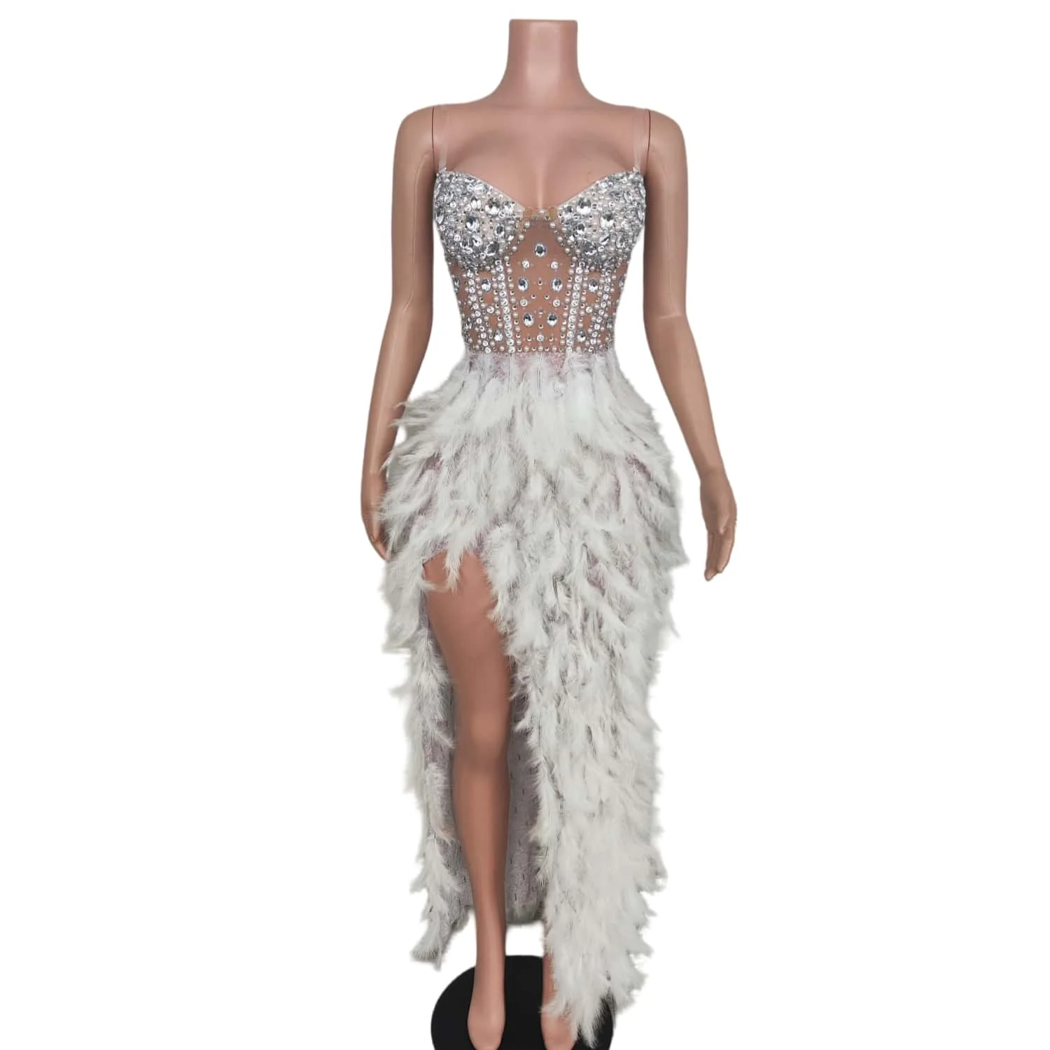 Yumaoqun Sparkling silver rhinestone camisole dress transparent mesh splicing white feather dress bar dancer performance costume