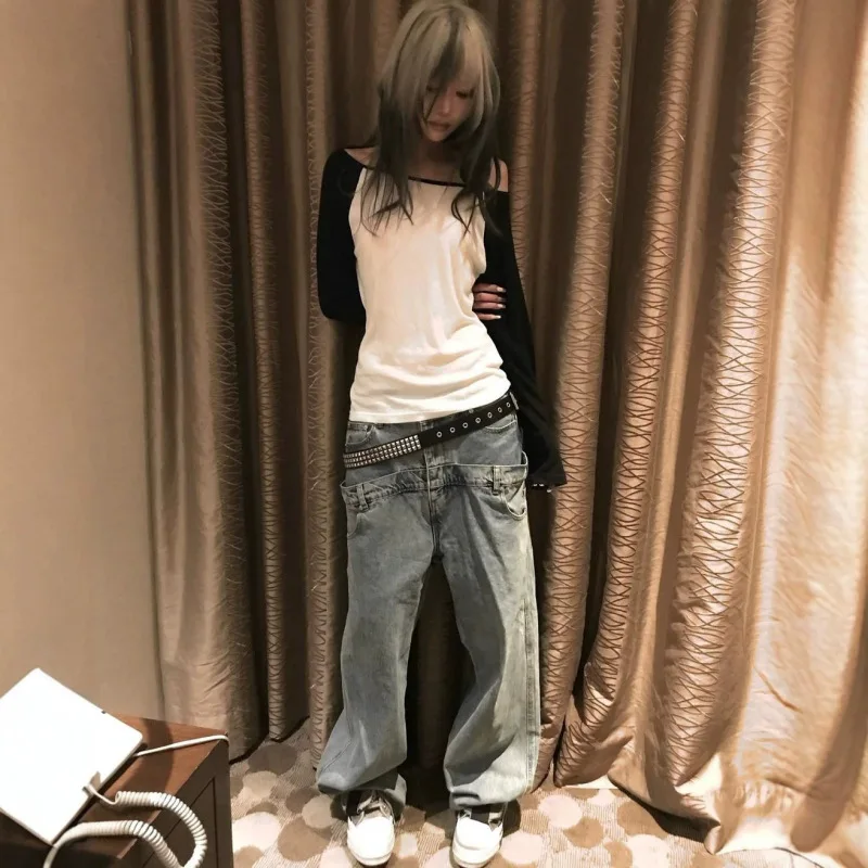 Ins style Korean color blocked one neck off shoulder waist simple long sleeved shirt, spring versatile girl style T-shirt