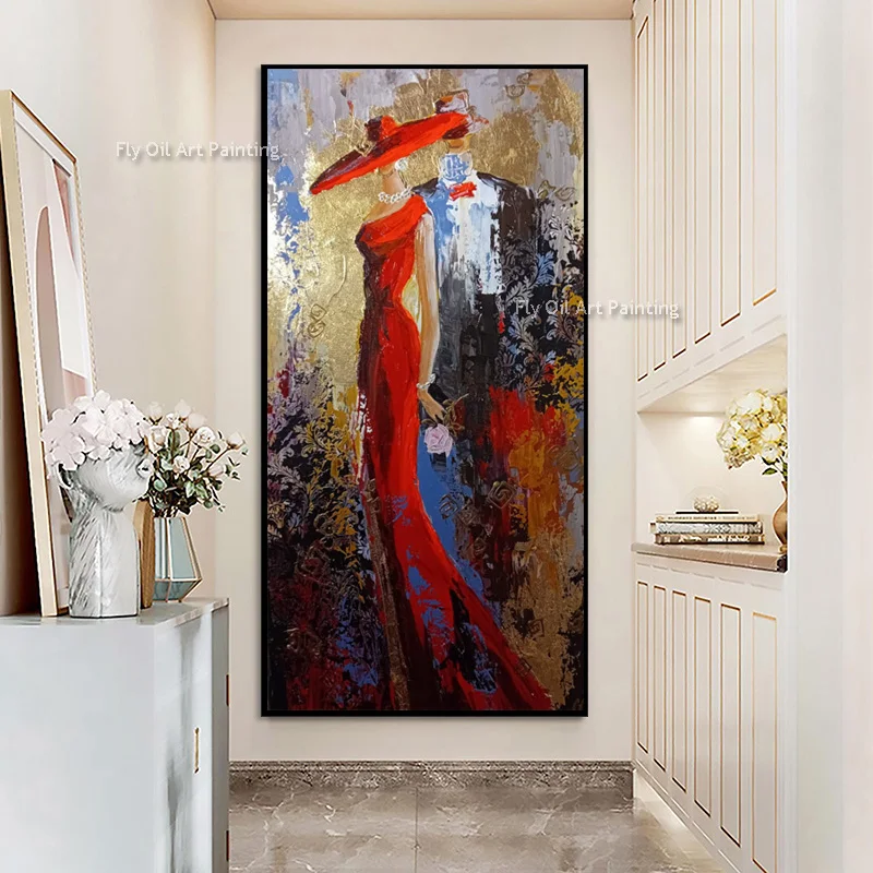 Elegance Women Wall Art Handmade New Beautiful Women Wear Red Dress Dancing Oil Painting Fashion Brown Yellow Girls Canvas Art
