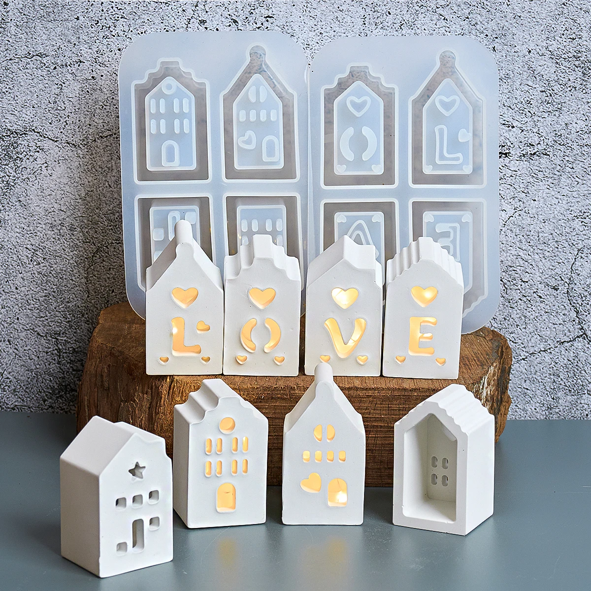 4 Löcher Mini LIEBE Herz Haus Kerzenständer Silikonform DIY Gips Betongießen Valentinstag LED-Lichtform Home Decor
