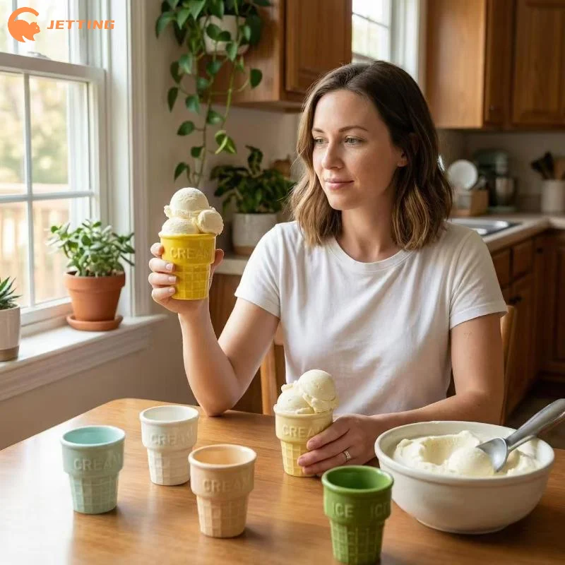(New) 1Pcs Cute Colorful Ceramic Ice Cream Cups Dessert Coffee Mug With Waffle Cone Design For Home Cafe Afternoon Tea Party Use