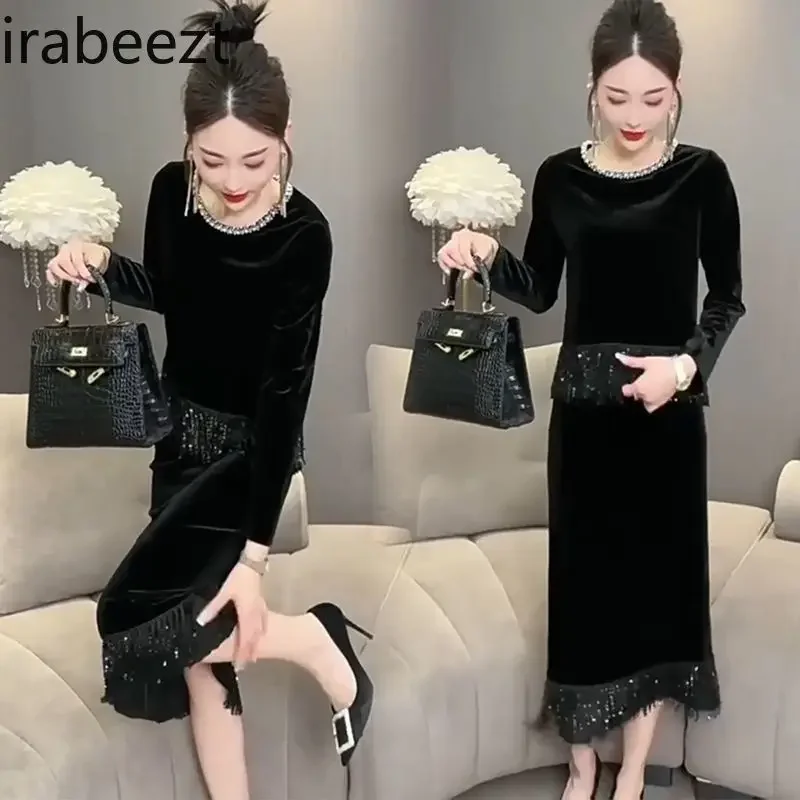 Fashion Set for Women 2024 Autumn Temperament Slimming Heavy Sequin Small Shirt Mid-length Skirt Canary Two-piece Set