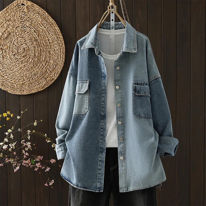 Retro Distressed Color Block Denim Jacket Women's Loose Slim Fit Collar Long Sleeve Top Breathable Polyester Cotton Blend