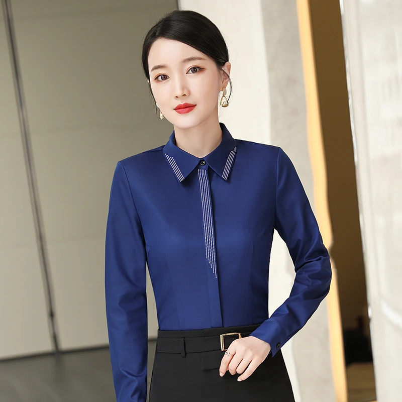 NAVIU Navy Blue Shirt Women Fashion Clothes Autumn New Office Lady Temperament Formal Long Sleeve Tops Commute Blouse Gray White