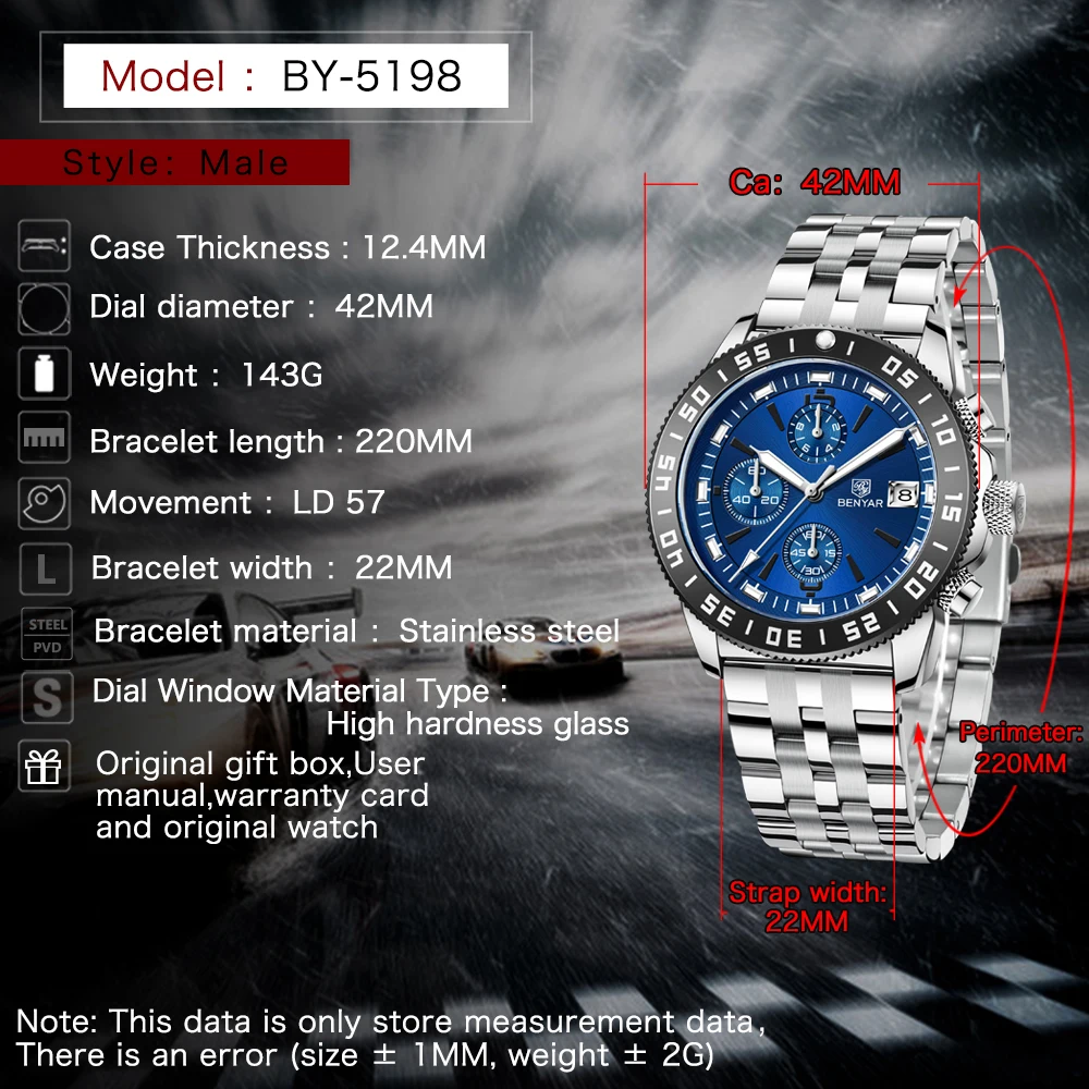 2023 BENYAR Men Quartz Wristwatch Stainless Steel Luxury Chronograph Watch for Men Sports Fashion Waterproof Clock Reloj Hombre