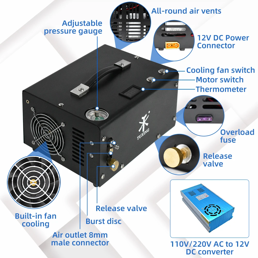TUXING Hot Selling Auto Stop Mini 12V DC Power Converter 110V 220V 4500psi 300bar Oil-Free Portable Paintball PCP Air Compressor