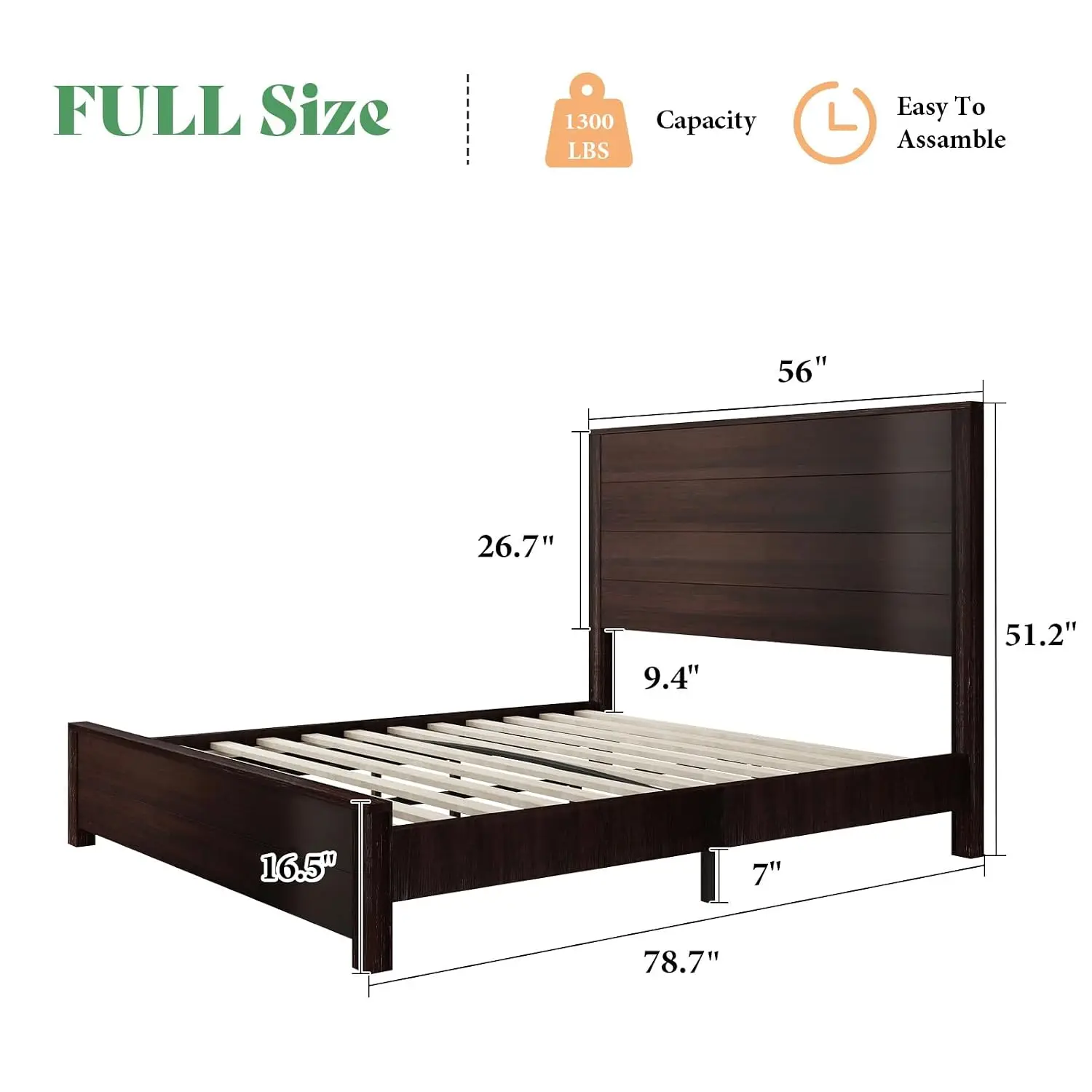 Full Size Wood Platform Bed Frame Farmhouse Style Walnut, Customized