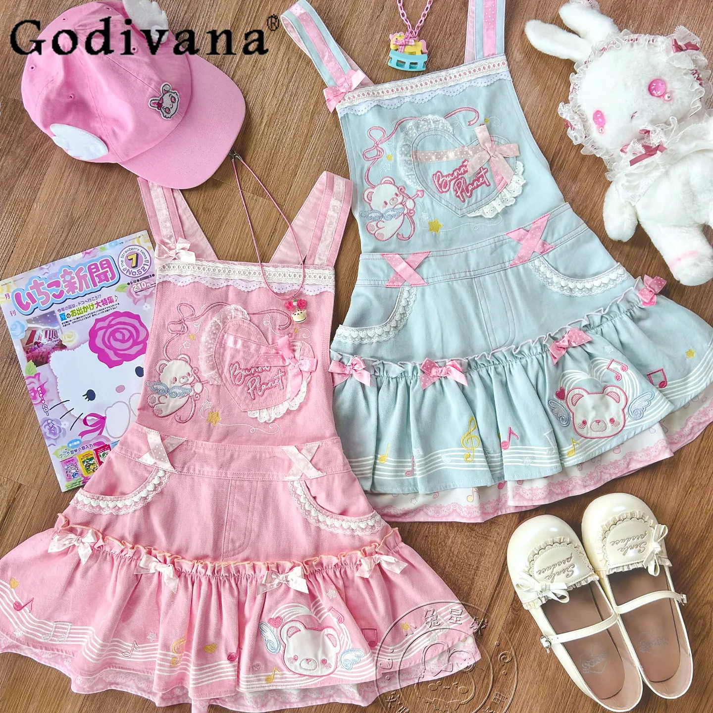 

Original Daughter Girl's Cute Detachable Strap Dress Summer New Kawaii Cartoon Embroidered Bow Women's Lolita Suspender Dresses