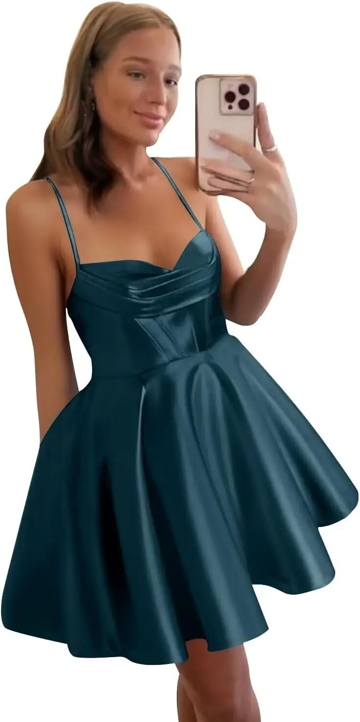 Abiti corti da ritorno a casa con scollo a cuore in raso Mini abito da cocktail party con cinturino per spaghetti per adolescenti Abito corto da ballo Abito da laurea