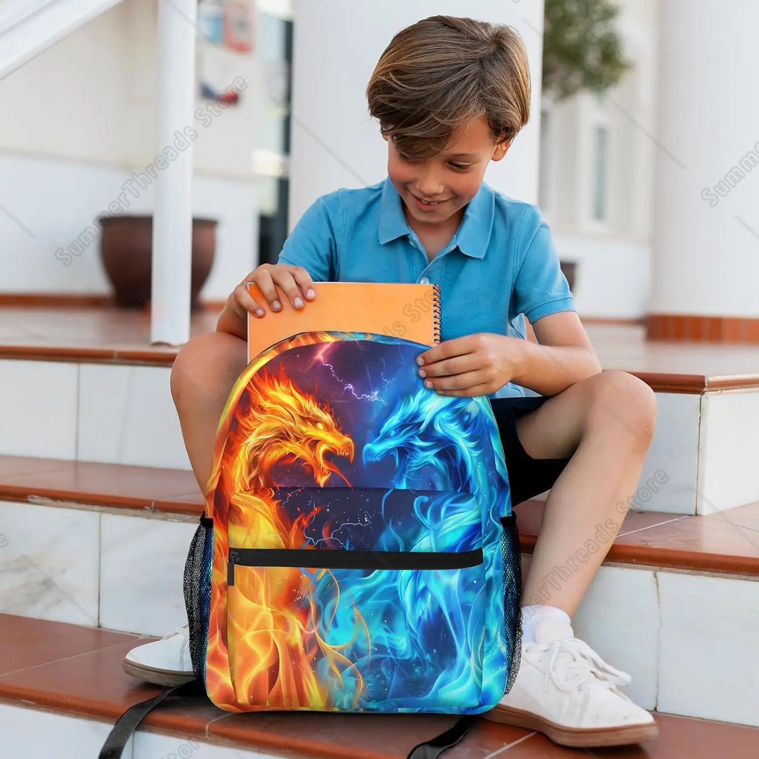 Sac à dos Dragons pour garçons et filles, sacs à livres de feu rouge et bleu, légers et réglables, pour lycée élémentaire