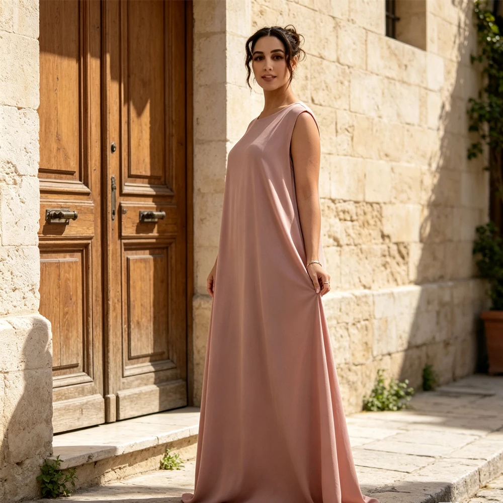 Women Sleeveless Inner Abaya Dress Round Neck Loose Maxi Long Dress Modest Islamic Undergarment Robe Daily Eid Wear Soild Color