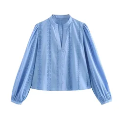 Women Loose Lace Up White Shirt for Women Elegant Hollow Out Embroidered Shirt Puff Sleeve Female Cropped Tops Shirt