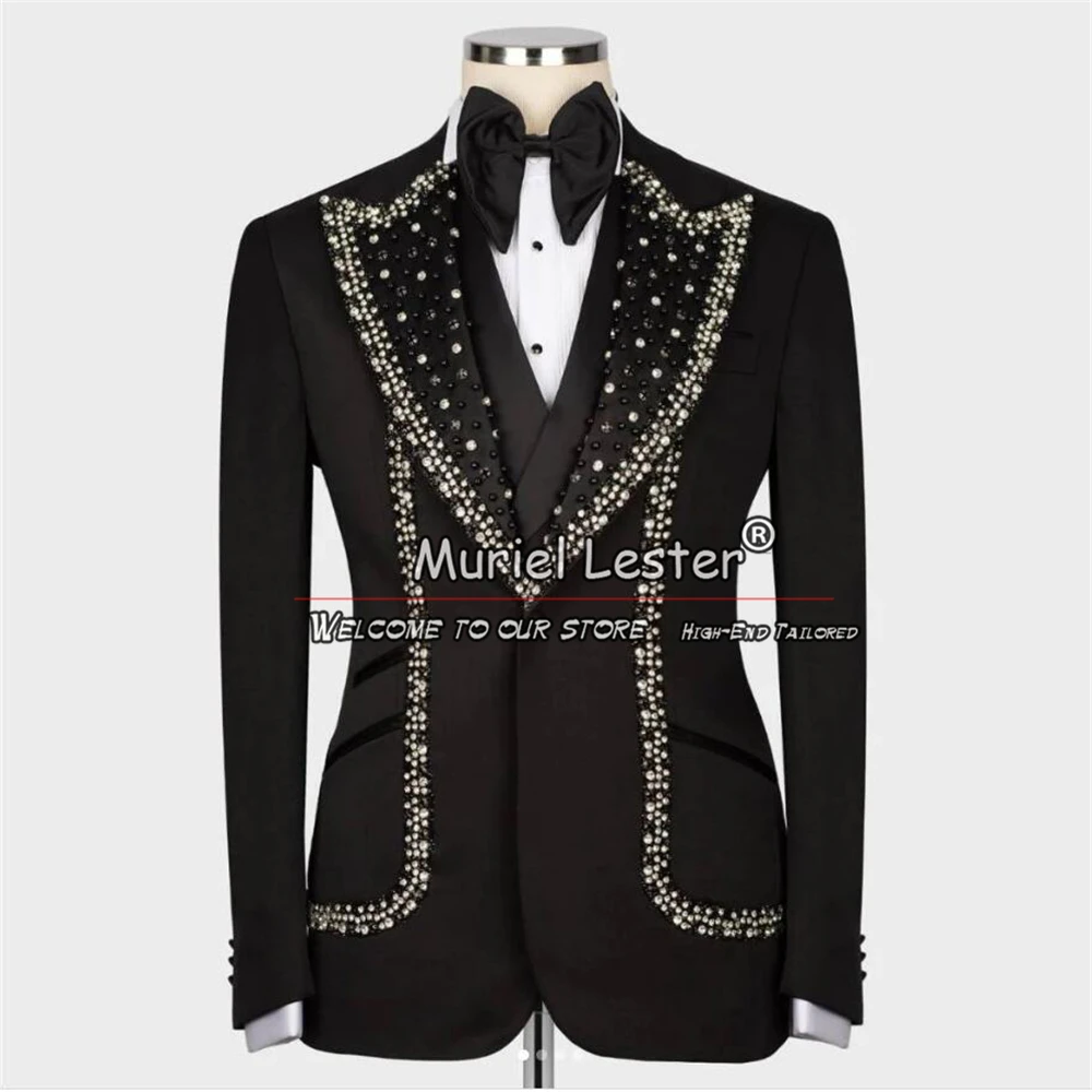 

Hand Made Black Suits Men For Wedding Luxury Crystals Beaded Prom Blazer 3 Pieces Groom Tuxedos Bespoke Man Dinner Costume Homme