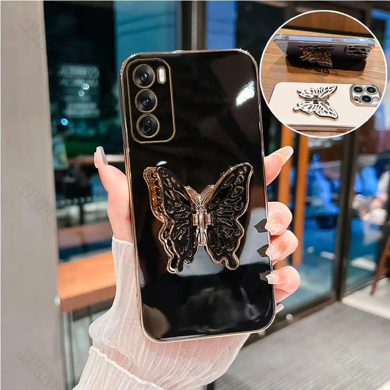 reno 7 9 8 Luxury Butterfly Plating Phone Holder Case For Oppo Reno 7 8 9 Pro Plus 8T 4G 5G 2 Z 2F 3F 5F Lite 6Z 7SE Stand Cover