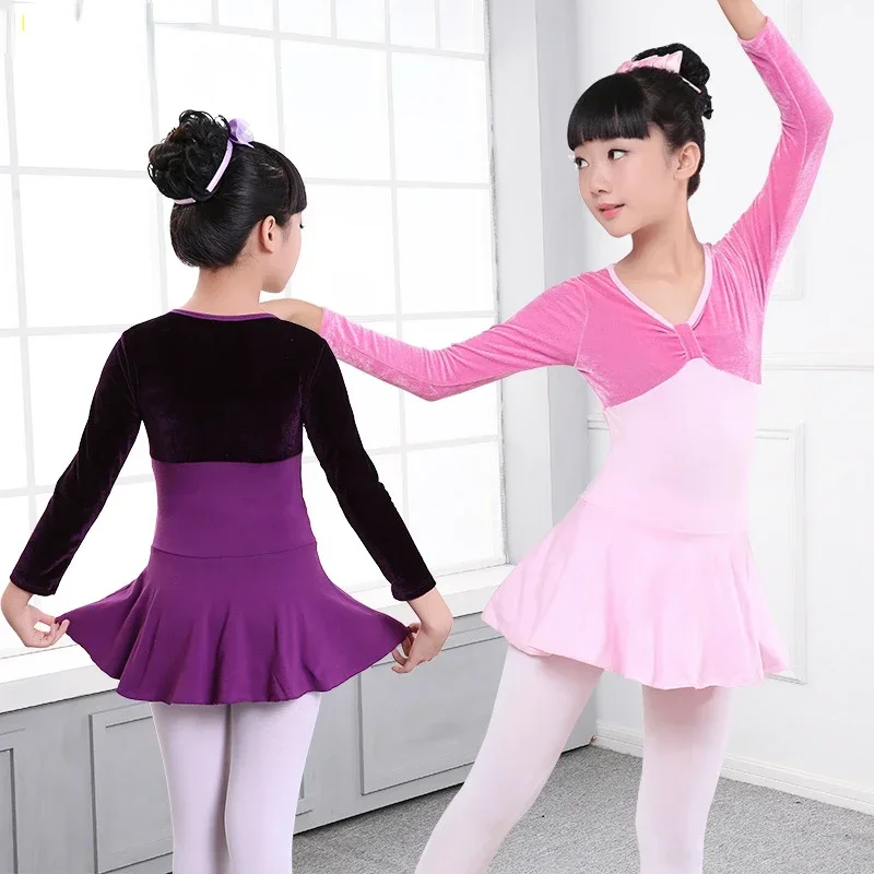 Girls Long Sleeve Ballet Dancer Child Velvet Practice Dance Clothing Gymnastics Leotard Ballerina Dress Dancing Wear Costumes