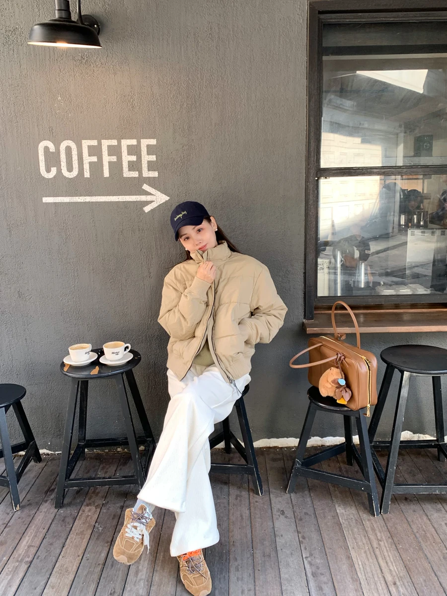 

Mii Color 90 White Goose down Stand Collar Jaet Warm Windproof ort Coat Korean Sle Straight Cut Long Sve Zipper