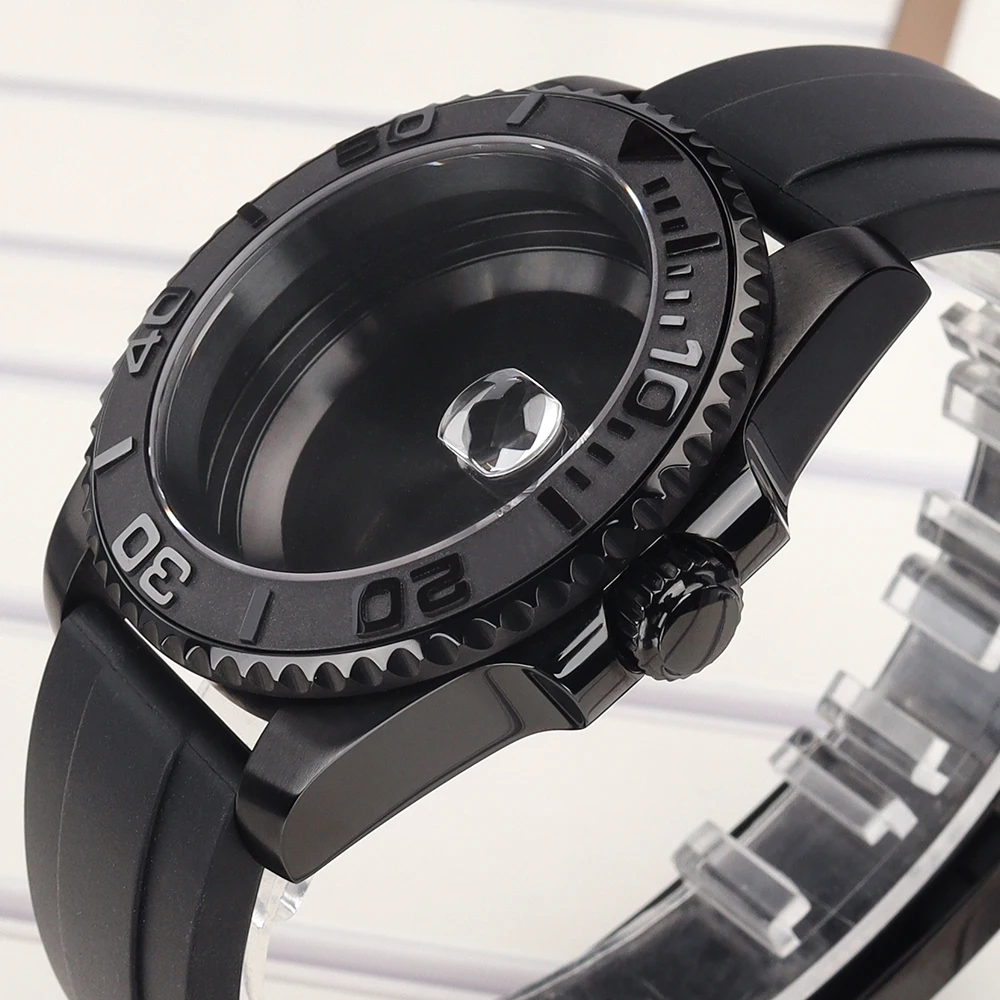 40mm Men 20ATM Watch Case Black Rubber Strap Sapphire For YACHT NH35 NH36 NH34 4R 7S26 Miyota8215 ETA2824 Watch Cases Refit Part