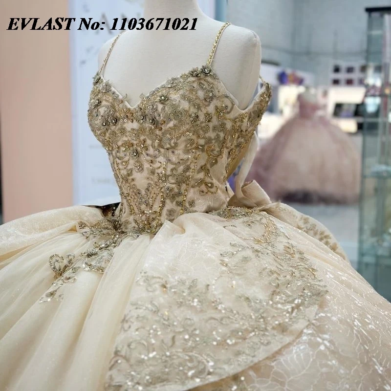 EVLAST Customized Champagne Quinceanera Dress Ball Gown Applique Beading Crystals Corset Sweet 16 Vestidos De XV 15 Anos SQ123