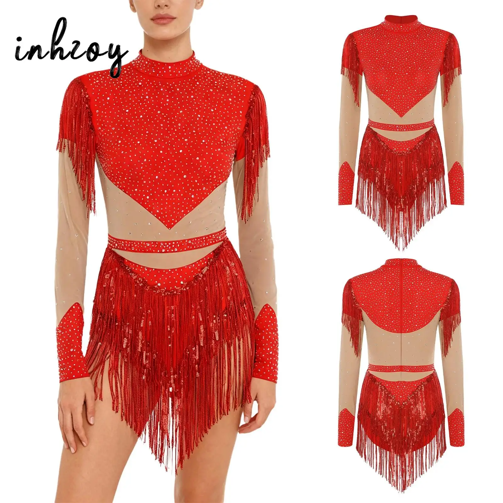 Damski strój do łyżwiarstwa figurowego, sukienka z dżetami, gimnastyczny kombinezon z spódniczką, kompletny strój taneczny z cekinami, frędzlami i długim rękawem.