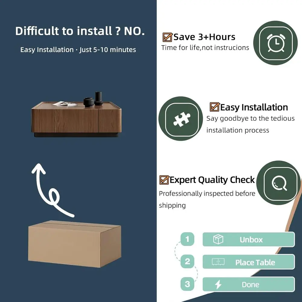 Elegant Walnut Coffee Table with Hidden Drawer, Simple Assembly, Square Design for Living Spaces, Raised Edge, 39.37 Square Size