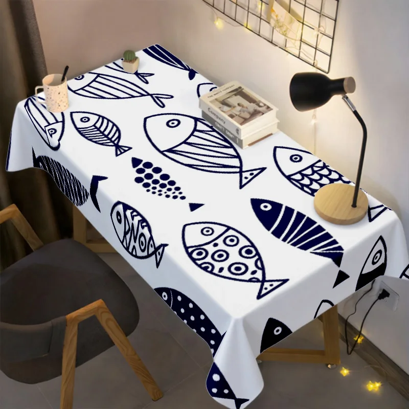 2D Flat 1pc Blue And White Hand-Drawn Little Fish 2D Flat Rectangular Tablecloth, Machine Washable And Easy to Clean, Fade-Resistant, for Dining Table, Coffee Table, Study, Kitchen, Restaurant, Picnics, Camping, Parties, Family Gatherings