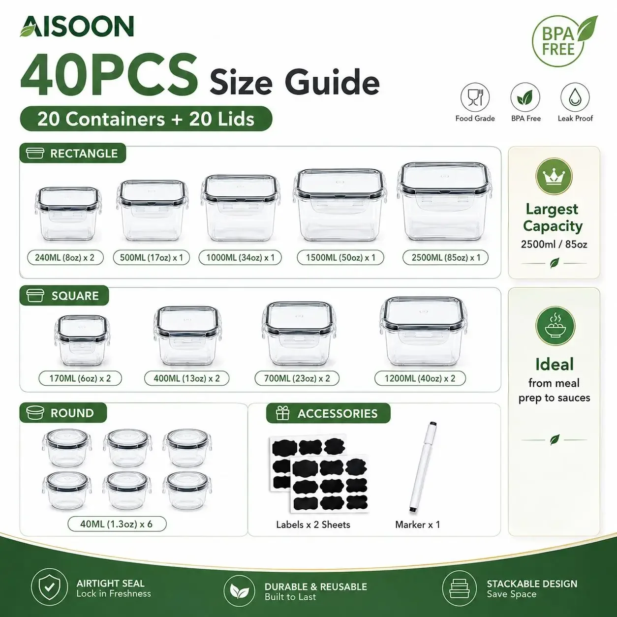 40Pcs Airtight Food Storage Containers Set with Lids Leakproof Transparent Kitchen Organization Boxes Reusable Stackable Meal Prep Cereal Container Microwave Safe for Fridge Pantry with Labels Pen