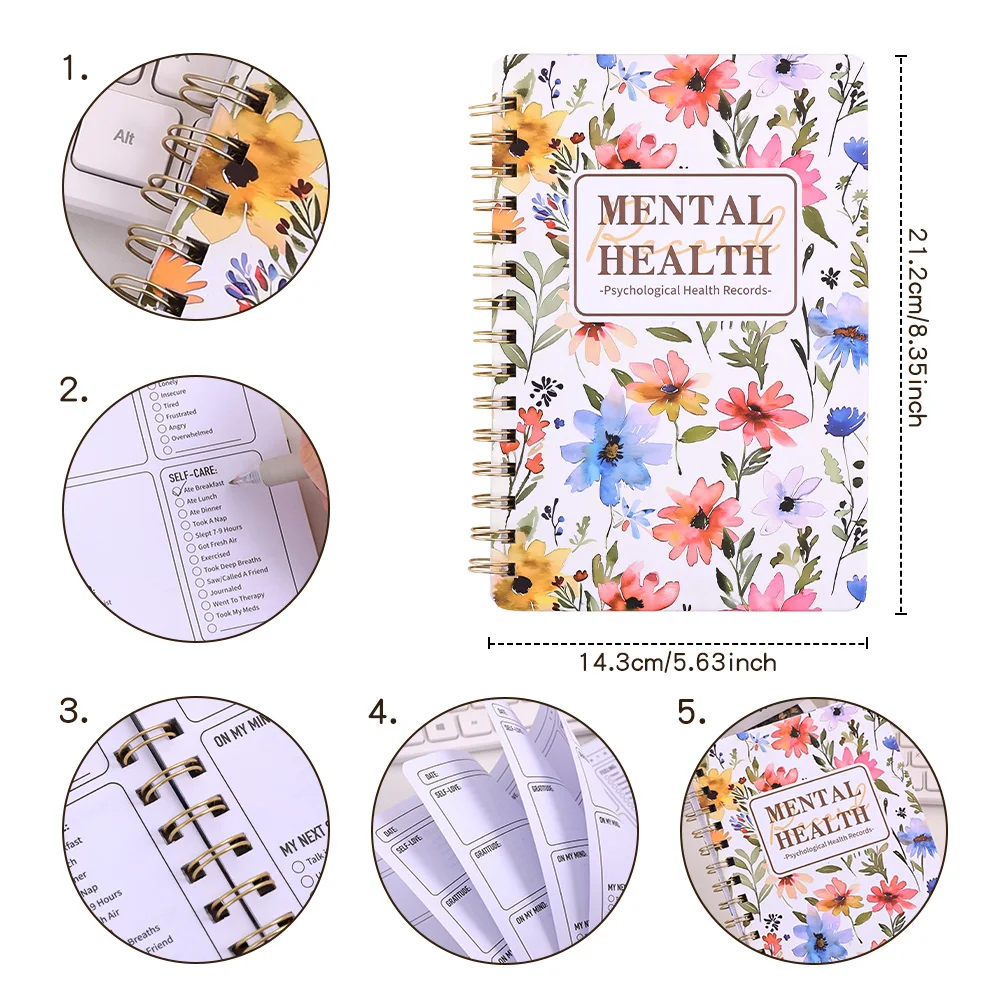48 sheets Floral Hardcover Mental Health Planner A5 Daily For Self-Care Meditation And Emotional Tracking Notebook For Student
