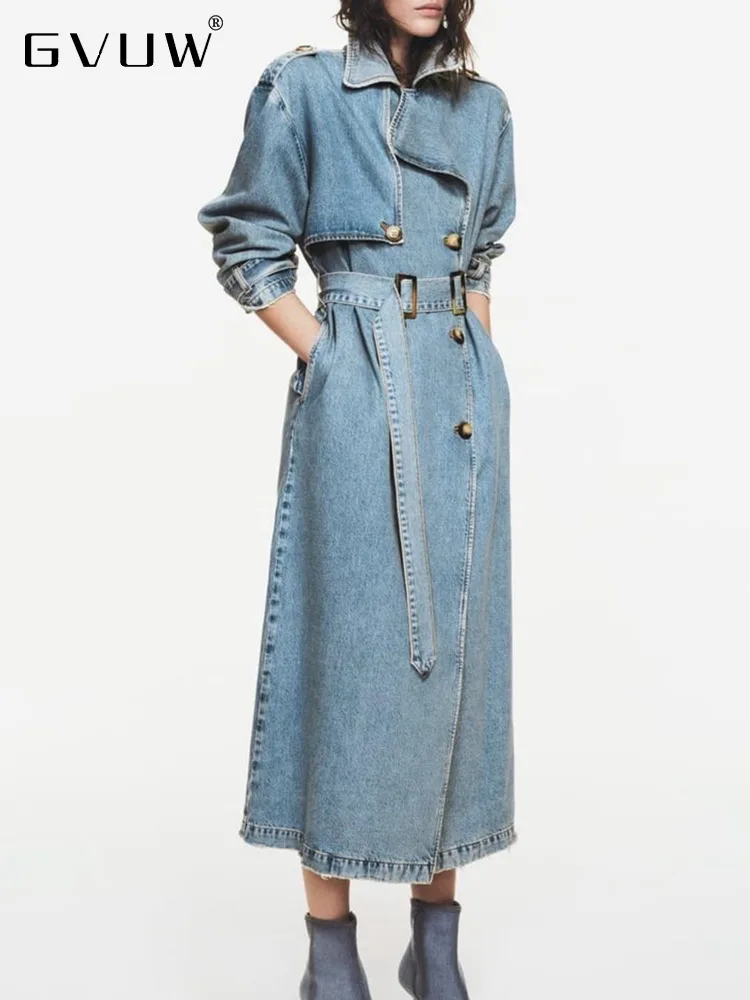 GVUW Mid-length Denim Trench For Women Belt On Waist Loose Lapel Double Breasted Jean Windbreaker Female 2024 Autumn New 17G1971