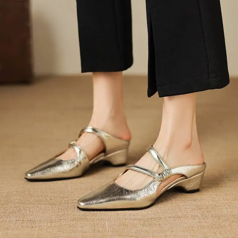 Women Metallic Microfiber Mules Square Toe Mary Jane Strap Wedge Heel Rubber Sole Vintage Summer Daily Slide Sandals F258