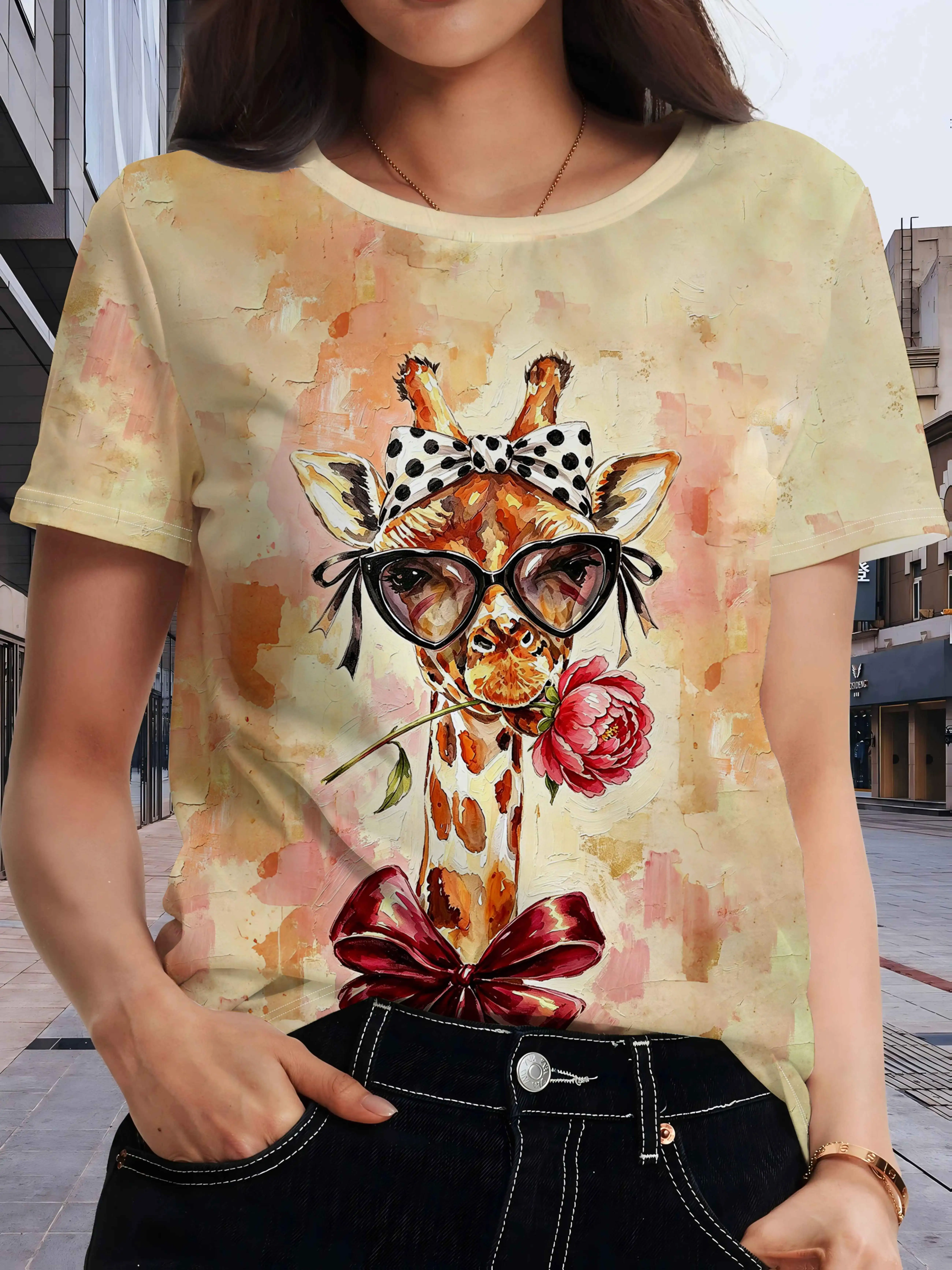 Summer Rose Clothing - تي شيرت نسائي بطبعة زهرة الزرافة