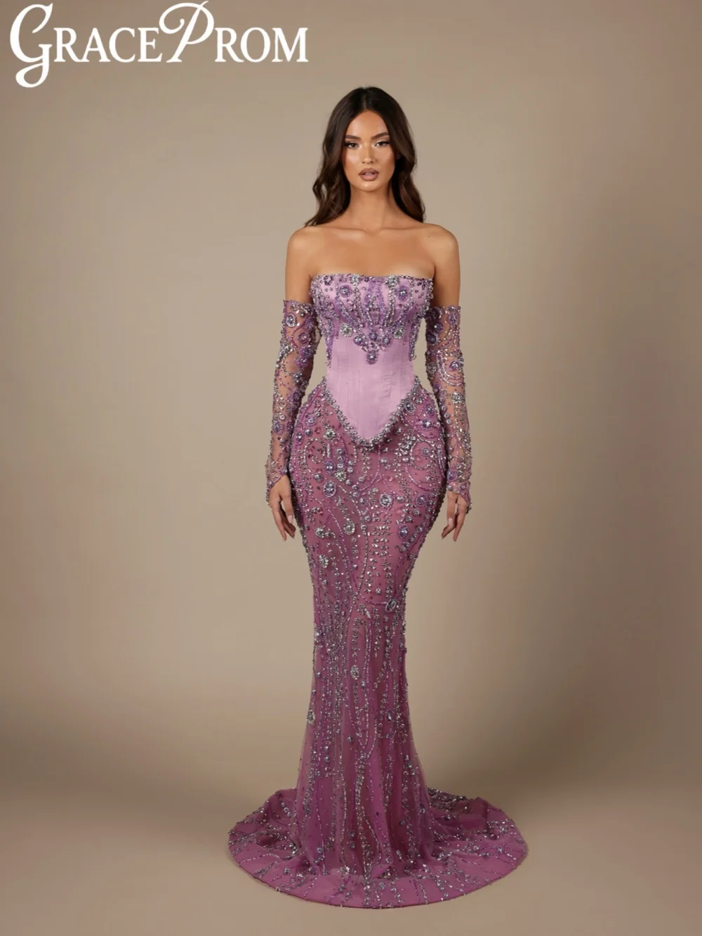 

Изысканное вечернее платье с фиолетовыми кристаллами, корсетом, отстегивающимися рукавами, силуэт «русалка», длинное, для свадеб и торжеств, на заказ