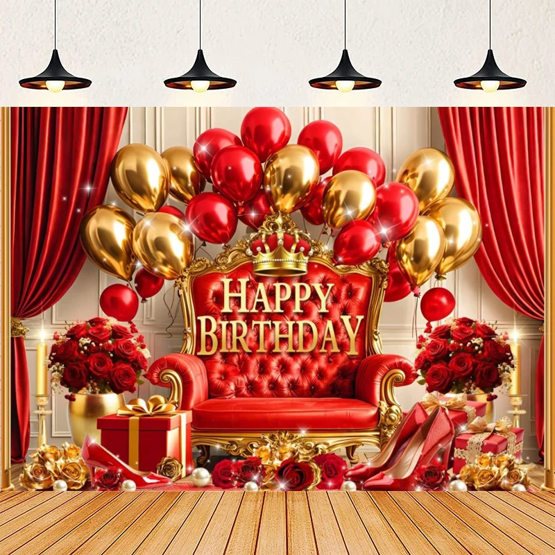 Red Curtain Photography Backdrop Gold Crown Happy Birthday Party Decor Background Old Master Texture For Portrait Photo Banner