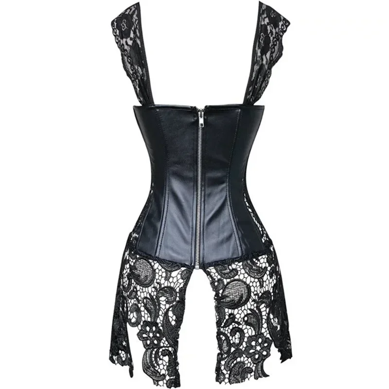 Push Up Women Steampunk Corset Dress Straps Lingerie Faux Leather Corselet Lace Up Zipper Back Punk Bustier