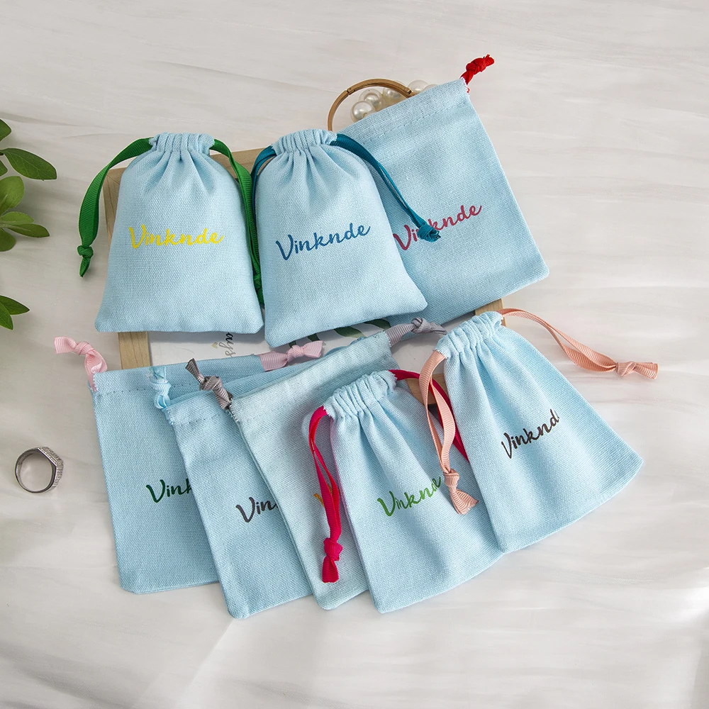 

Blue Cotton Burlap Jewelry Bags with Ribbon Drawstring Hessian Jute Wedding Favours Gift Bag Gift Wrapping Candy Soap Pouches
