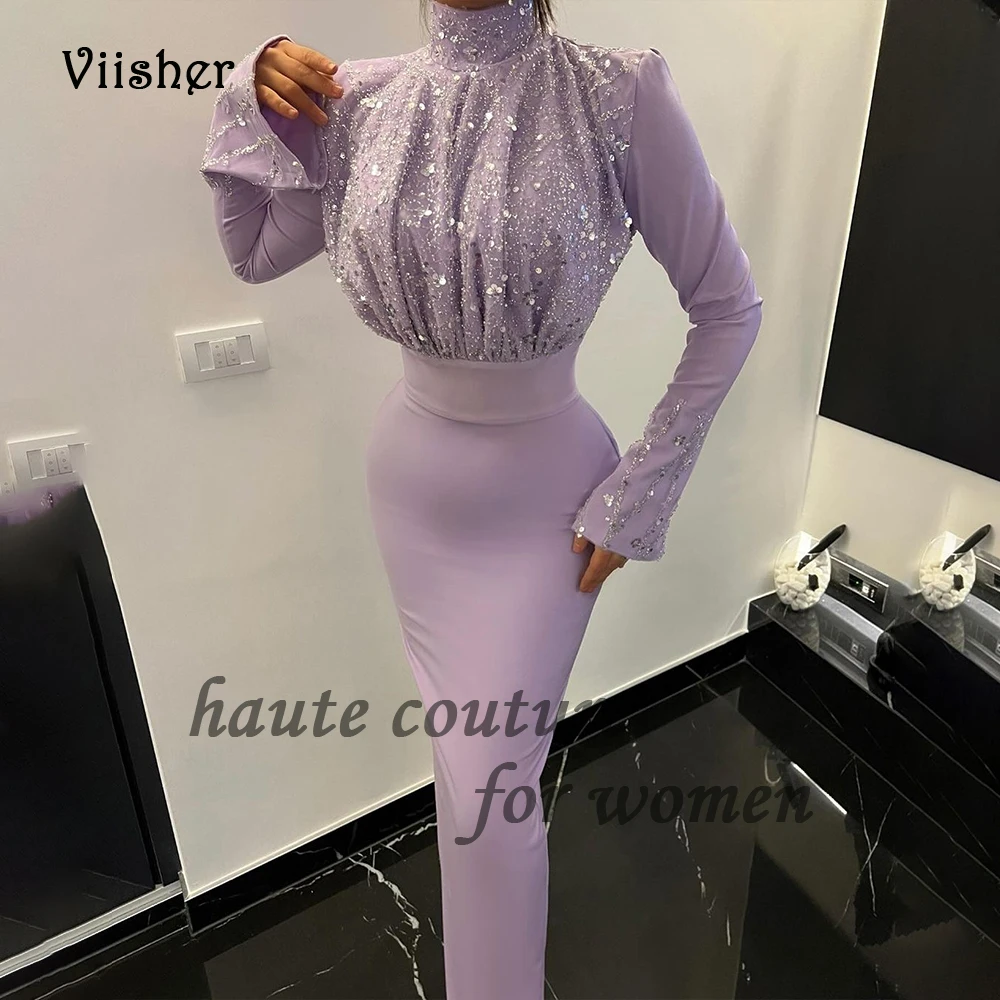 

Lavender Mermaid Evening Dresses Long Sleeve High Neck Sequins Satin Arabian Dubai Formal Prom Dress Floor Length Party Gowns