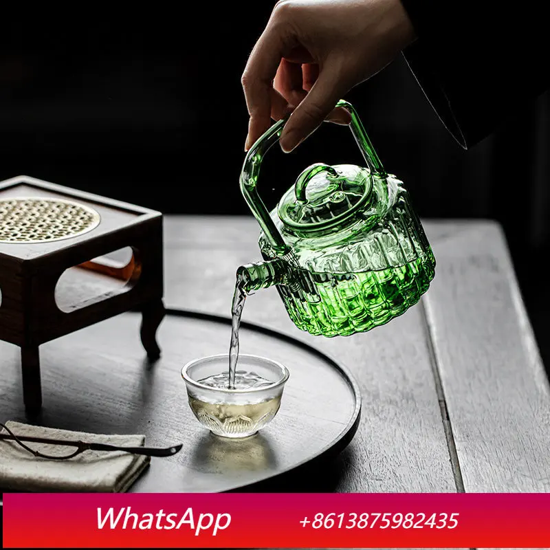 

Yjq bamboo high borosilicate heat-resistant glass handle beam teapot small set, small single pot for one person