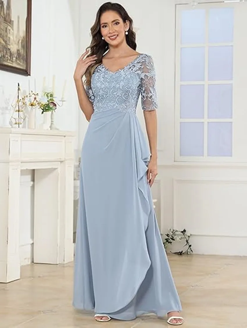 

Customized Lace Mother of The Bride Dress Elegant V-neck Short Sleeved Wedding Guest Dress Long Formal Evening Dress