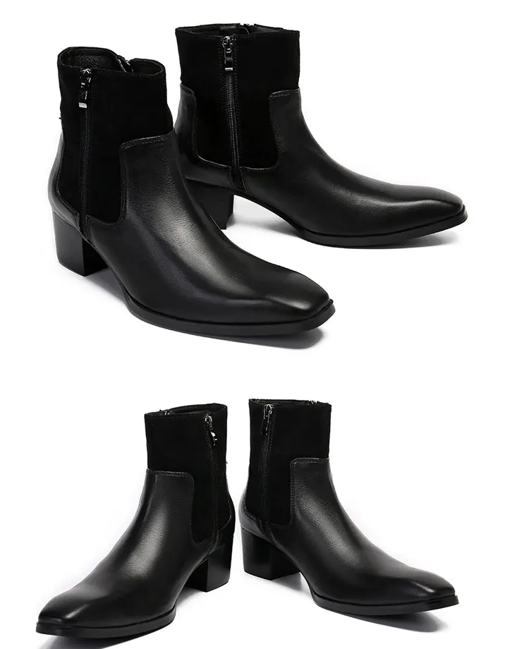 Frühlingsswarze kurze Stiefel mit Krokodilmuster, modische Stiefel, quadratischer Kopf, Lackleder, nackte Chelsea-Kurzstiefel für Herren – Detail 10