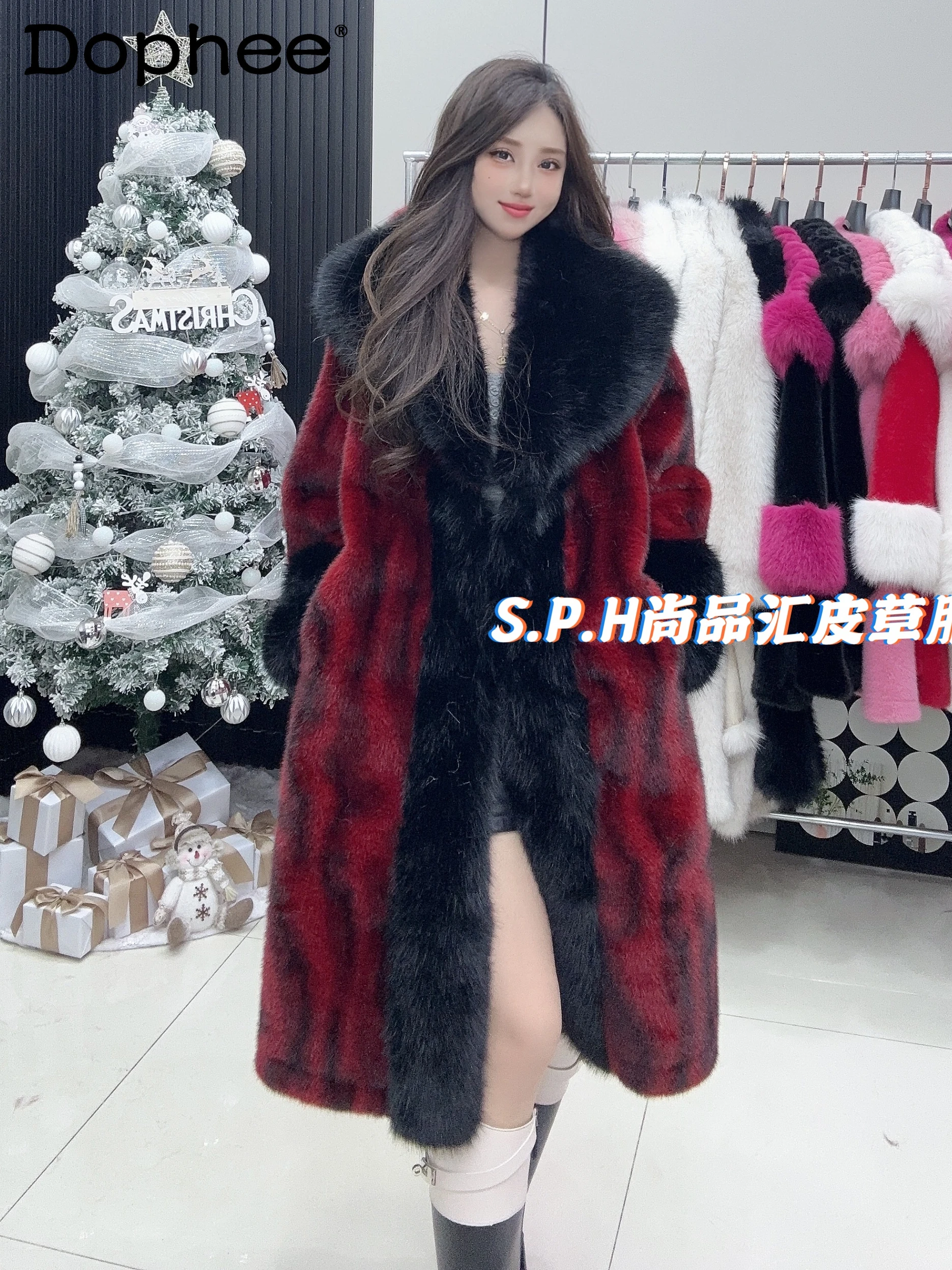 Fashion Water Ripple Faux Fur Coat Women 2024 Winter New Red Fur Thicken Big Fur Collar Long Sleeve European Mink Coat Female