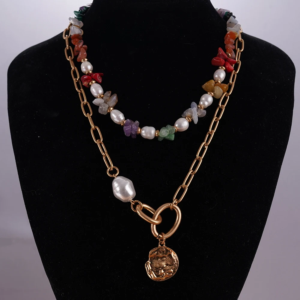 

Summer Beach Necklace With Dual-layer Design Paired With Daily Travel Accessories Featuring pearls And Natural Stone